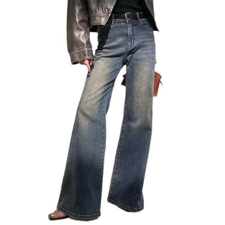 Retro Washed Blue Women's Micro-pull Mop Jeans