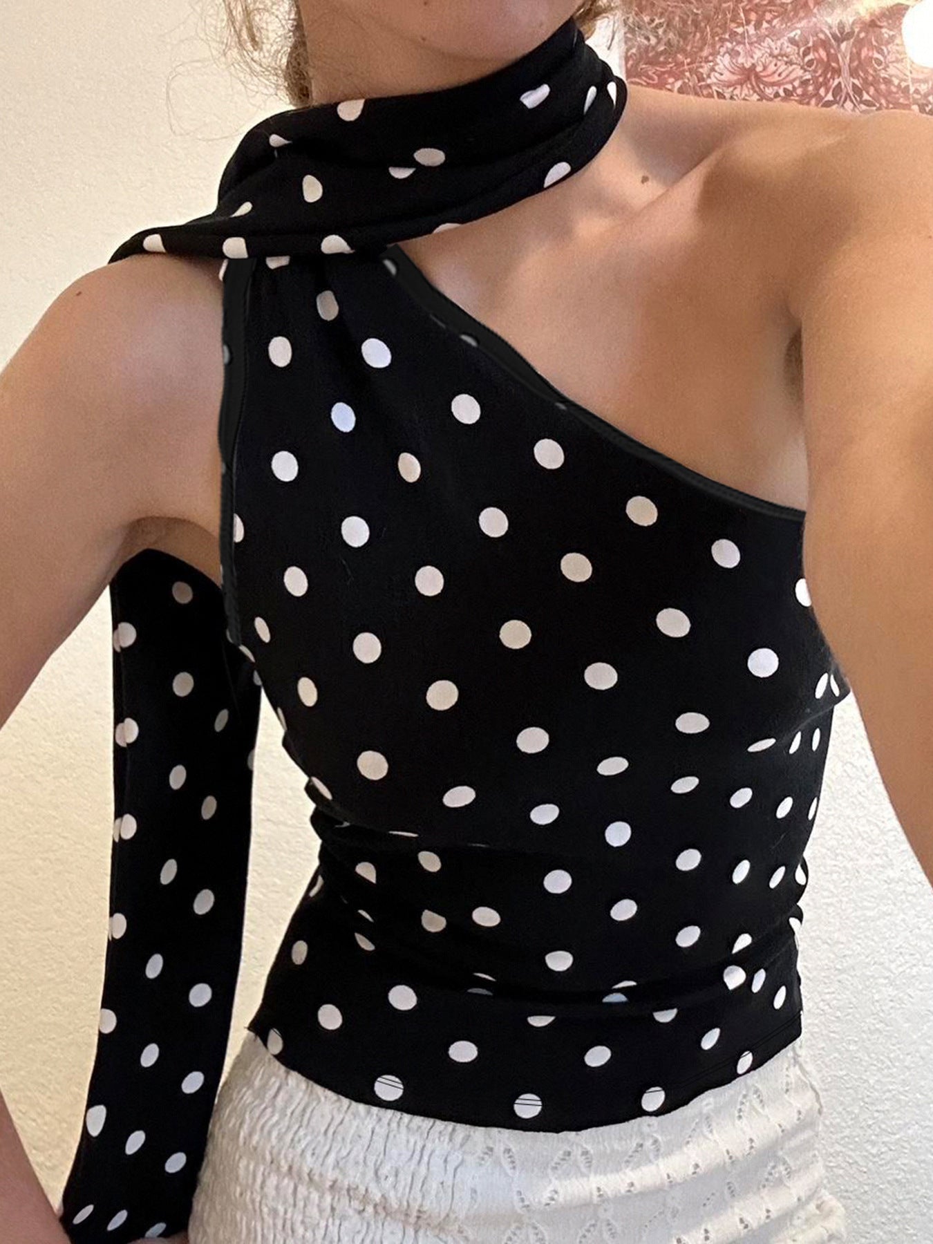 Women's Polka Dot Halter Ribbon Shoulder Backless Wild Vest