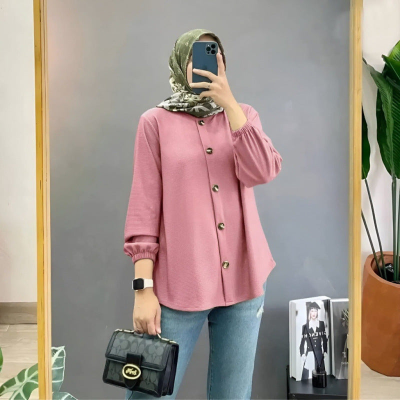 Muslim Ice Silk Wrinkle Stand-up Collar Literary Vintage Cardigan Loose Shirt Women