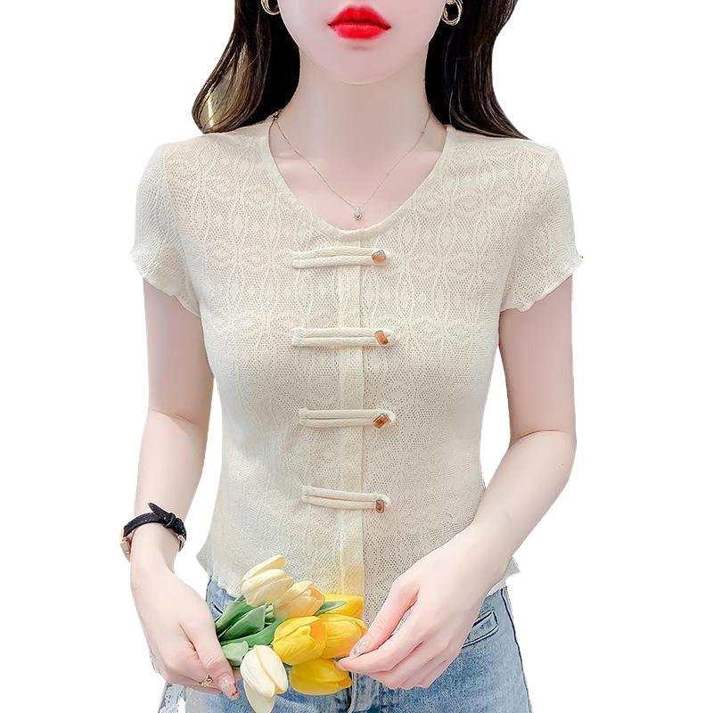 Hollow Out Short Sleeved Chinese Style New Chinese Style Top