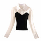 Women's Black And White Contrast Color Knitted Stitching Fake Two Pieces Shirts