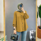 Muslim Ice Silk Wrinkle Stand-up Collar Literary Vintage Cardigan Loose Shirt Women