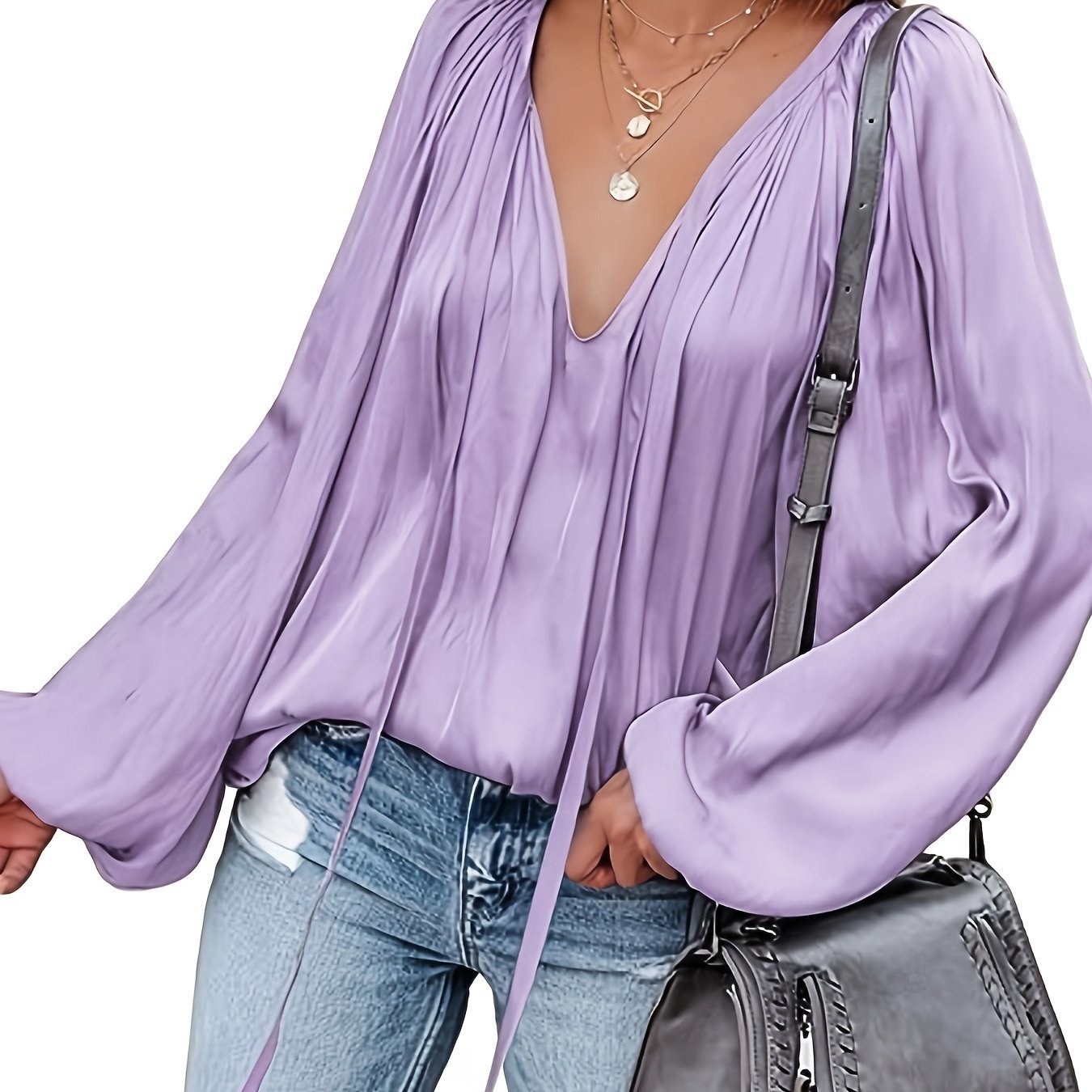 Women's Satin V-neck Long Sleeve Shirt Casual