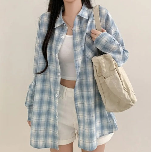 Blue Plaid Shirt For Women Loose Long Sleeve Jacket