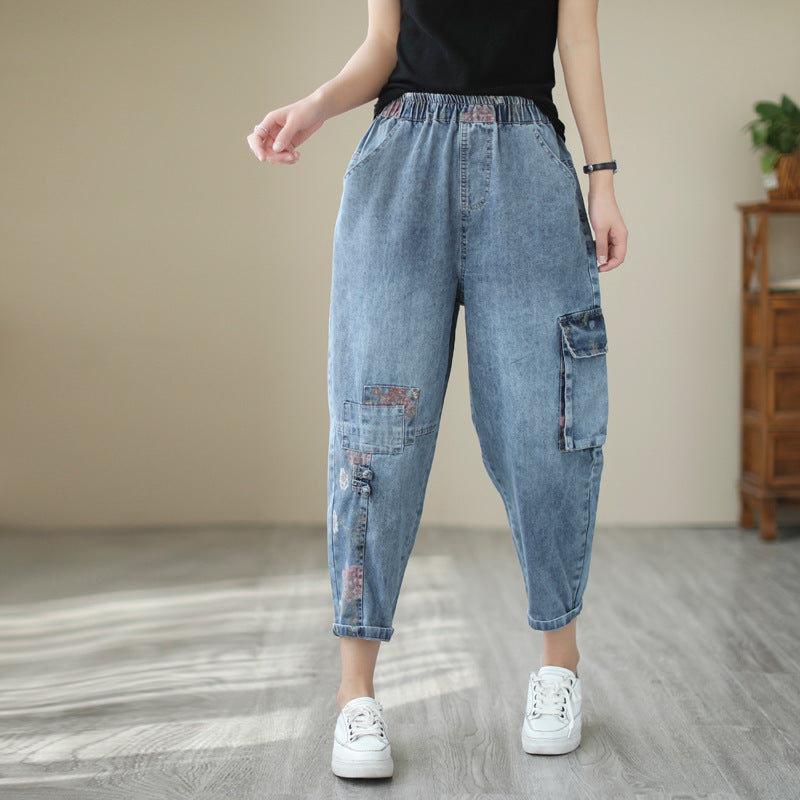 Ladies Vintage High Waist Casual Loose Printed Jeans