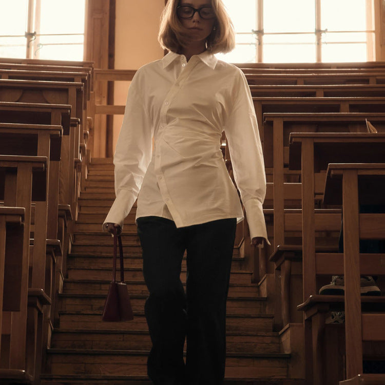Cotton White Lapel Long Sleeve Waist Cross Irregular Shirt